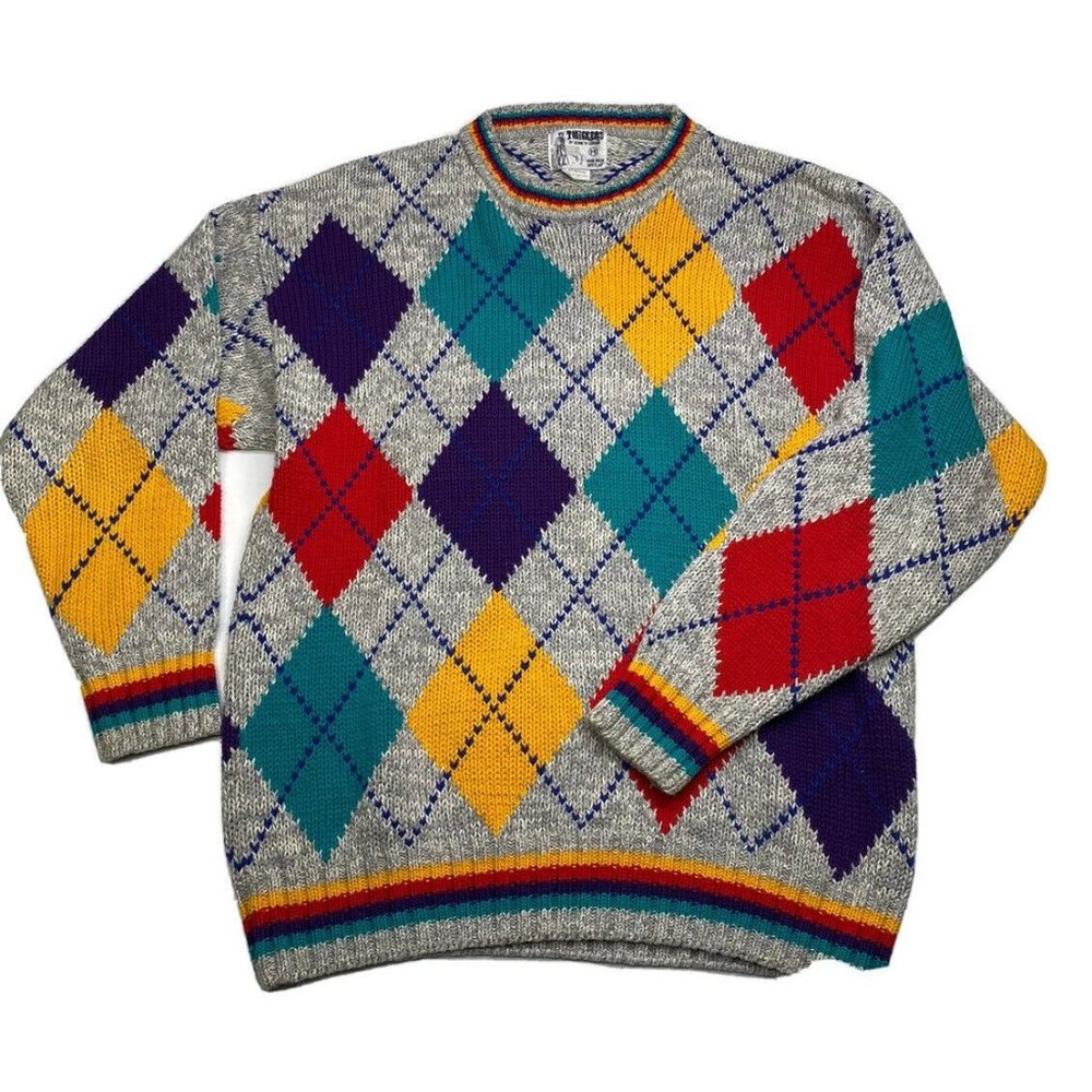Twickers Alex Gordon Men's Sweater Argyle Grey/ylw/prple Cotton Men's Medium VTG